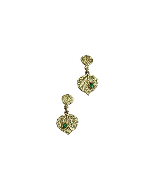 Ross Andrews Yellow Gold Double Aspen Leaf Earrings with Green Tsavorites