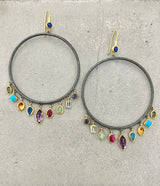 Ara Multi-Gemstone 24k Gold and Oxidized Silver Circle Dangle Earrings