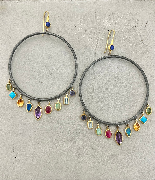 Ara Multi-Gemstone 24k Gold and Oxidized Silver Circle Dangle Earrings