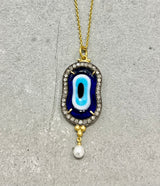 Ara 24k Gold Diamond, Blue Glass, Pearl Eye Pendant