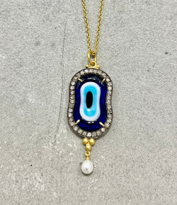 Ara 24k Gold Diamond, Blue Glass, Pearl Eye Pendant