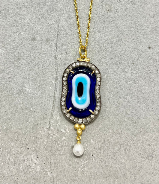 Ara 24k Gold Diamond, Blue Glass, Pearl Eye Pendant