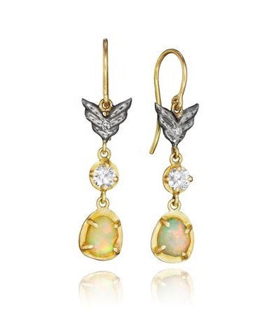 Annie Fensterstock White Sapphire and Opal Wing Earrings