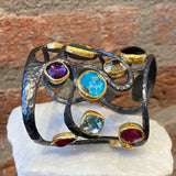 Ara Semi Precious Stone, 24kt Gold and Oxidized Silver Cuff Bracelet