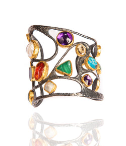 Ara Semi Precious Stone, 24kt Gold and Oxidized Silver Cuff Bracelet