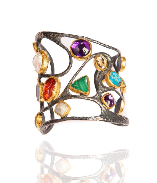 Ara Semi Precious Stone, 24kt Gold and Oxidized Silver Cuff Bracelet