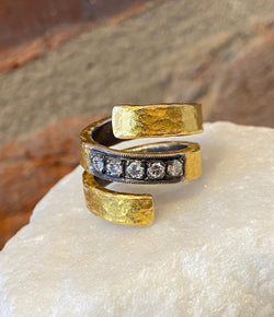 Ara 3 Row Diamond and 24kt Gold Spiral Ring