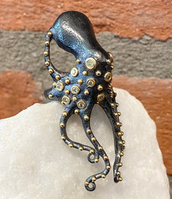 Ara 24kt Gold, Oxidized Silver and Diamond Octopus Ring