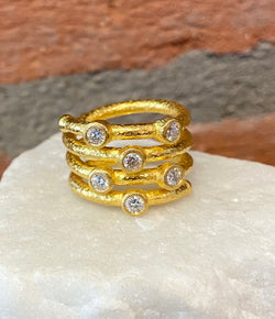 Ara 24kt Gold and Diamond Four Row Spiral Ring