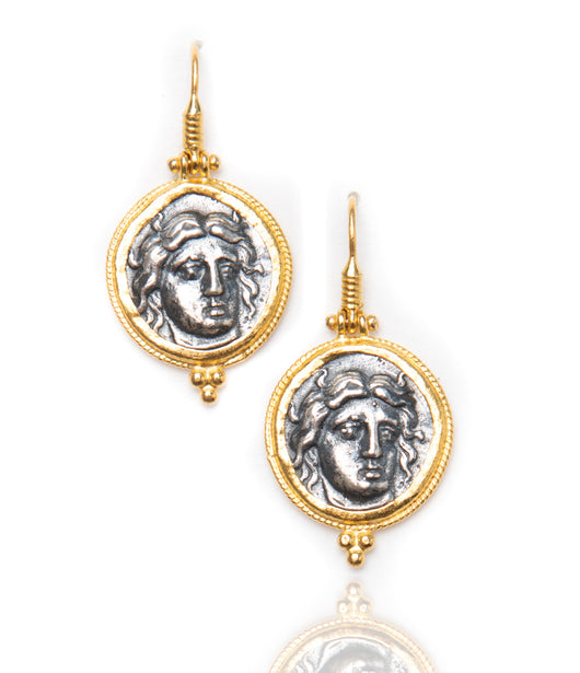 Ara Silver Coin Replica and 24kt Gold Circle Drop Earrings