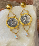 Ara Coin Replica, Pearl and 24kt Gold Dangle Earrings