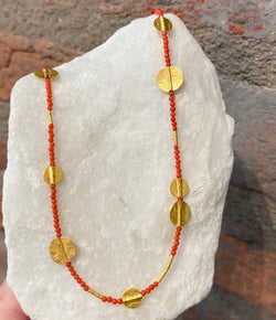 Ara Coral and 24k Gold Disc Necklace