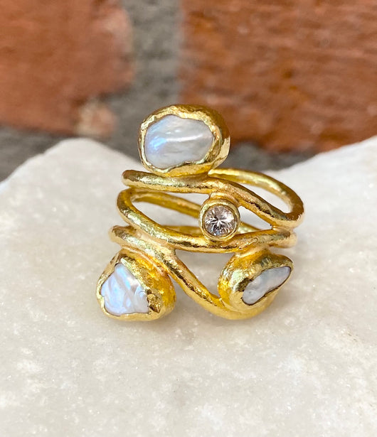 Ara Pearl, White Sapphire and 24kt Gold Swirl Ring