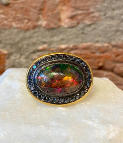 Ara Dark Opal, Black Diamond and 24kt Gold Ring