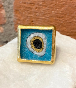 Ara 24kt Gold and Oxidized Silver Quartz Micro Mosaic Evil Eye Ring