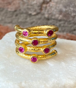 Ara 4 Row Spiral Ring with Rubies and 24kt Gold