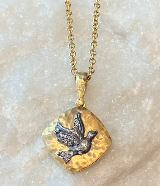 Arman 22kt Gold and Diamond Square Baby Bird Locket Necklace