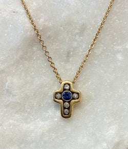 Alex Sepkus Blue Sapphire and Yellow Gold Cross Necklace