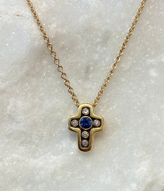 Alex Sepkus Blue Sapphire and Yellow Gold Cross Necklace