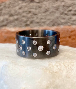 EYG Collection Black Rhodiumed Silver and Diamond Wide Band