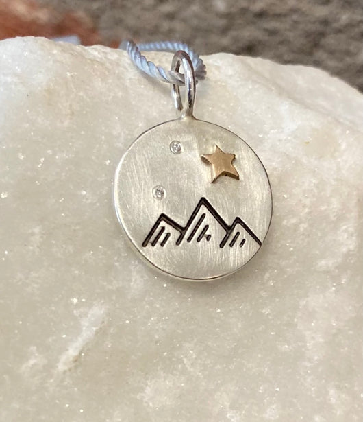 Heather Moore Mountain Stamp, Diamond and Star Sterling Silver Round Charm