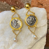 Ara Coin Replica, Pearl and 24kt Gold Dangle Earrings