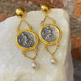 Ara Coin Replica, Pearl and 24kt Gold Dangle Earrings