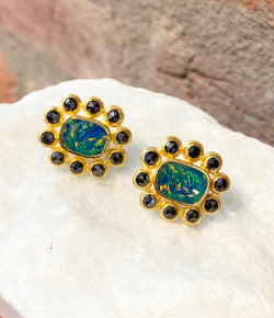 Ara Opal and Black Diamond Flower Stud Earrings