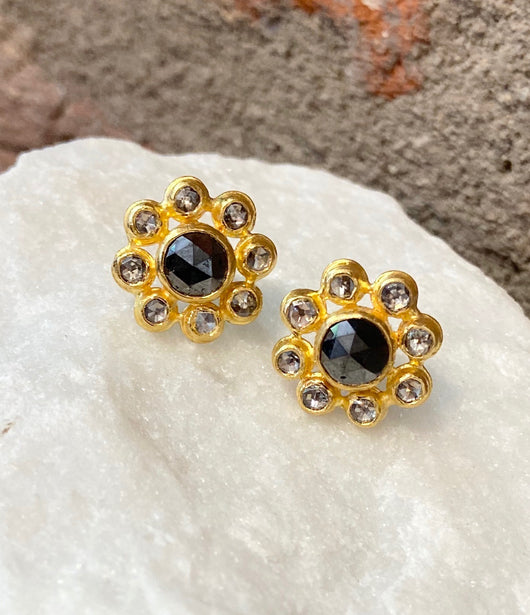 Ara Black and White Diamond Flower Stud Earrings