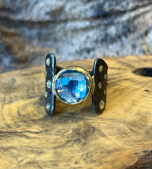 24k Gold Diamond and Blue Topaz Ring