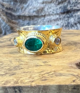 Ara 24k Gold Emerald and Diamond Cigar Band Ring