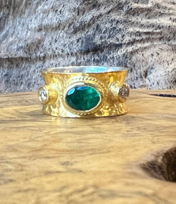 Ara 24k Gold Emerald and Diamond Cigar Band Ring
