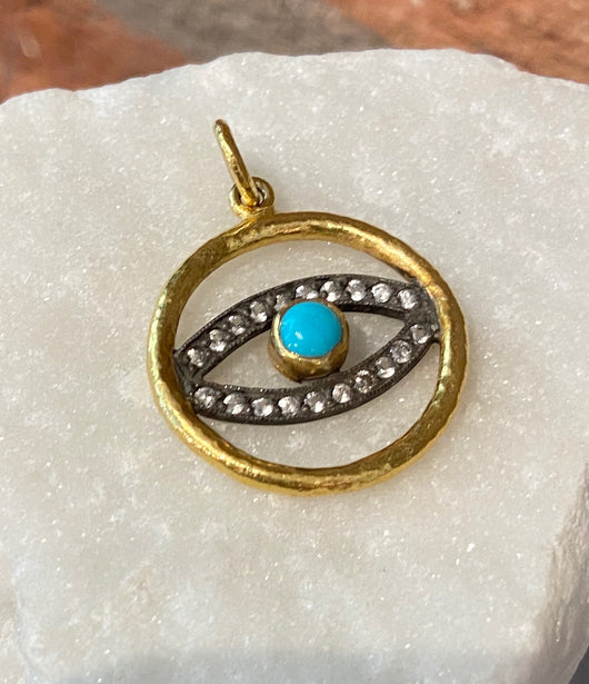 Ara 24kt Gold White Sapphire & Turquoise Evil Eye Pendant