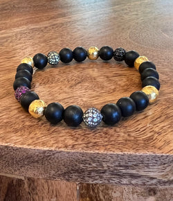 Ara 24k Gold, Black, and Multi-Sapphire Pave Bead Stretch Bracelet