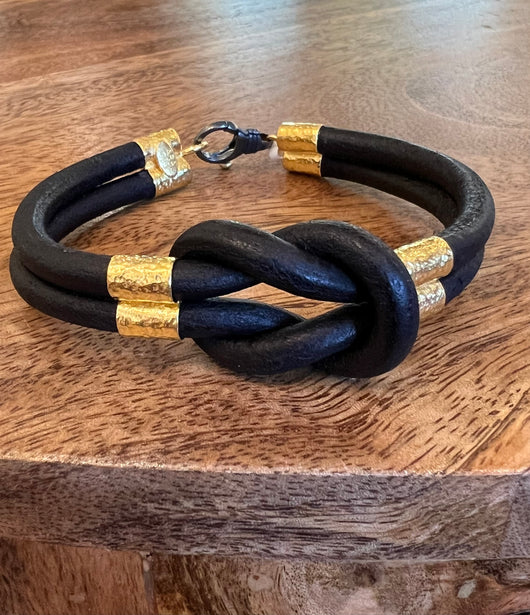 Ara 24k Gold and Black Leather Large (or Mens) Bracelet