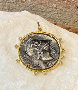 Ara Silver Coin Replica, Diamond and 24kt Gold Pendant