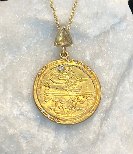Karen Liberman Ottoman Coin Necklace With Trillion Cut Diamond Accent