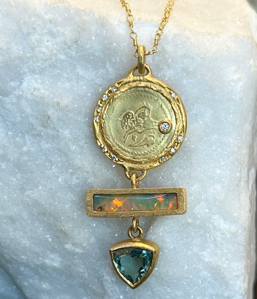 Karen Liberman Carved Ottoman Coin, Opal, Tourmaline Necklace