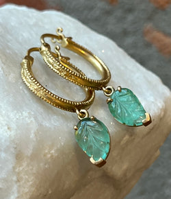 Karen Liberman Carved Emerald Leaf Drop Hoops