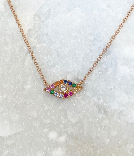Andi Alyse Rose Gold Rainbow Sapphires and Diamond Evil Eye Necklace