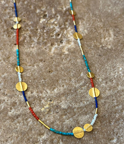 Ara Multi Color (Coral, Turquoise, Pearl, Lapis) and 24k Disc Necklace