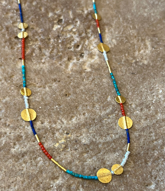 Ara Multi Color (Coral, Turquoise, Pearl, Lapis) and 24k Disc Necklace