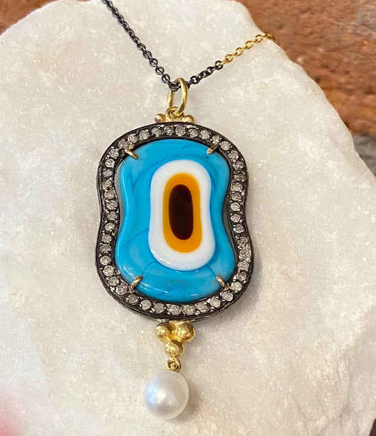 Ara Diamond, Pearl and Glass Evil Eye Pendant Necklace