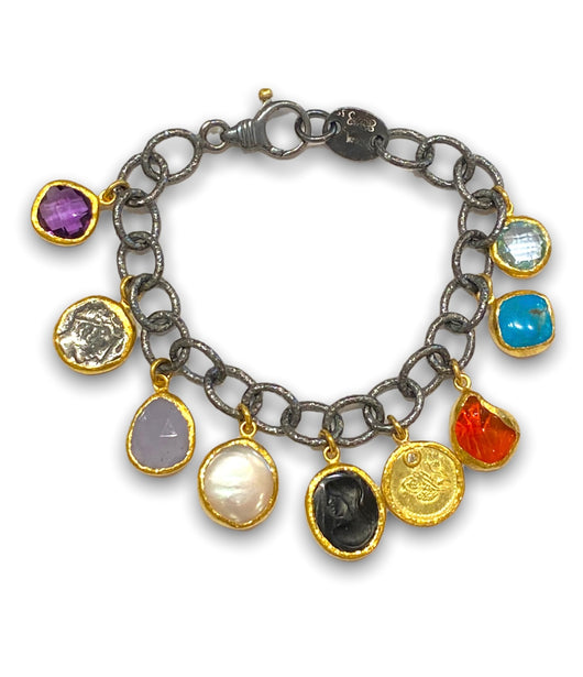 Ara 24k Gold and Oxidized Silver Gemstone Charms Bracelet