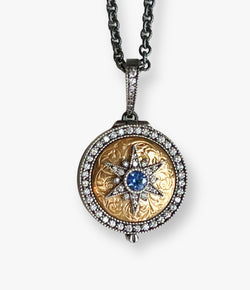 Arman 22kt Round Engraved Gold and Sapphire Starburst Locket Necklace
