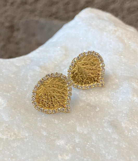 Ross Andrews Medium Yellow Gold and Pave Diamond Aspen Leaf Earrings