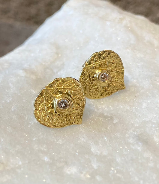 Ross Andrews Yellow Gold Aspen Leaf Earrings with Single Diamond