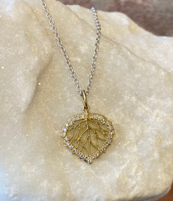 Ross Andrews Yellow Gold and Diamond Skeleton Aspen Leaf Necklace