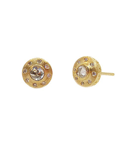 Sethi Couture Yellow Gold Stud Earrings with Diamond Center Stone