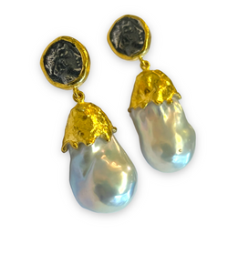 Ara 24k Coin and Baroque Pearl Drop Earrings